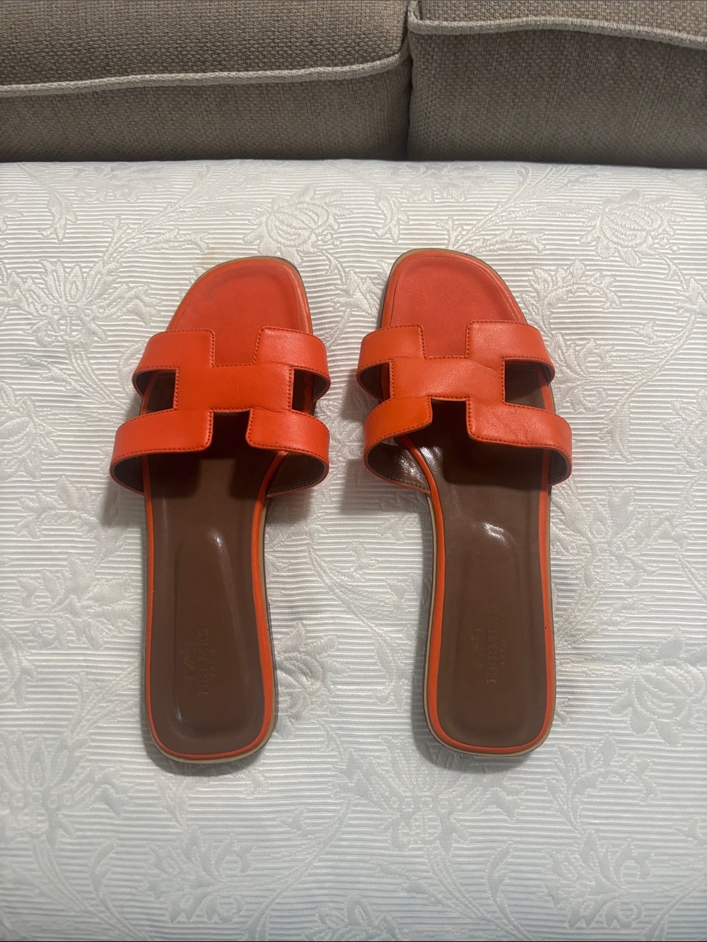 Hermes Orange H Oran Leather Slide Sandals